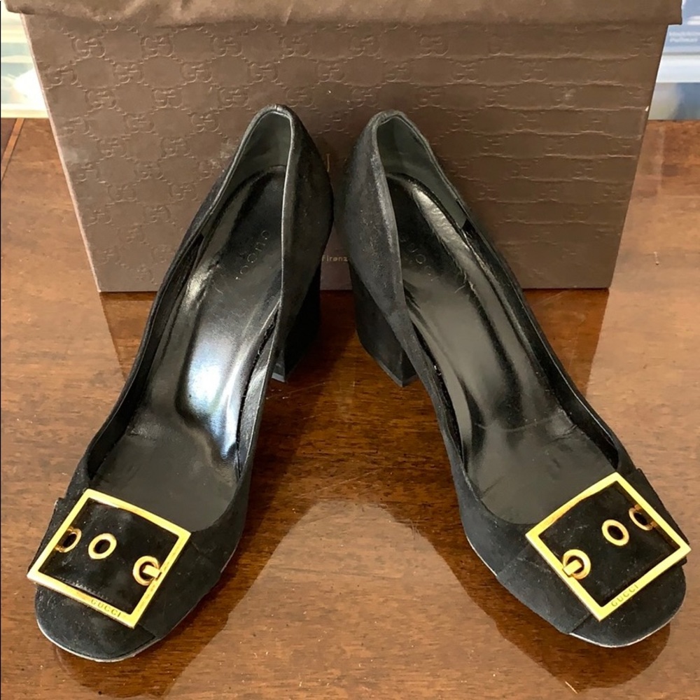 Gucci Black Suede Heels with Gold Buckle